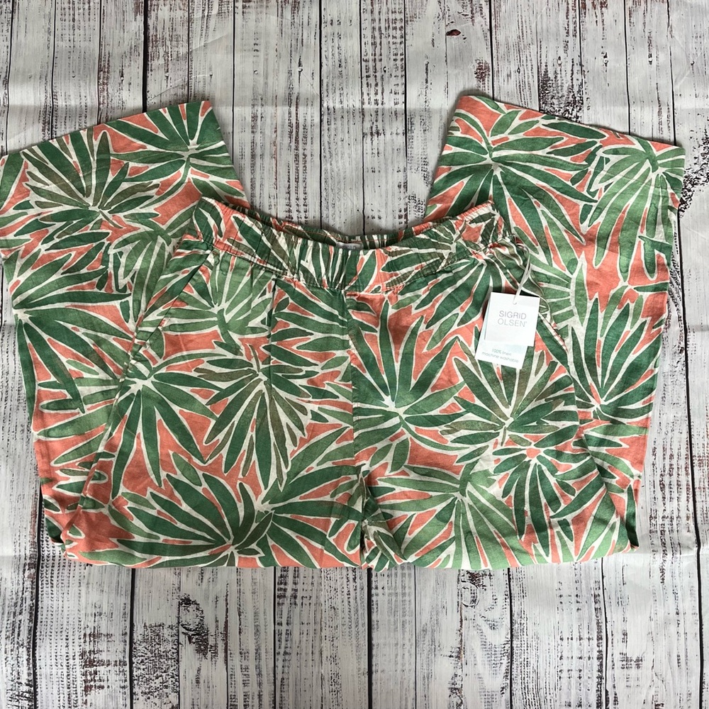 Sigrid Olsen Women's Cropped Wide-Leg Pants size M 100% Linen Tropical print NWT